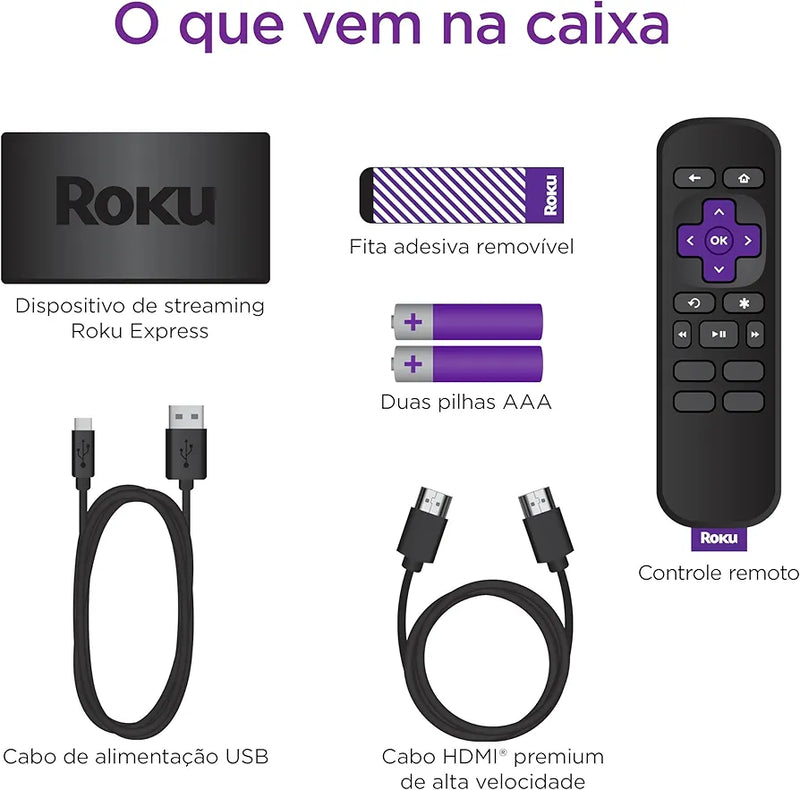 Roku Express | Dispositivo de streaming para TV HD/Full HD compatível com Alexa, Siri e Google. Inclui Cabo HDMI Premium